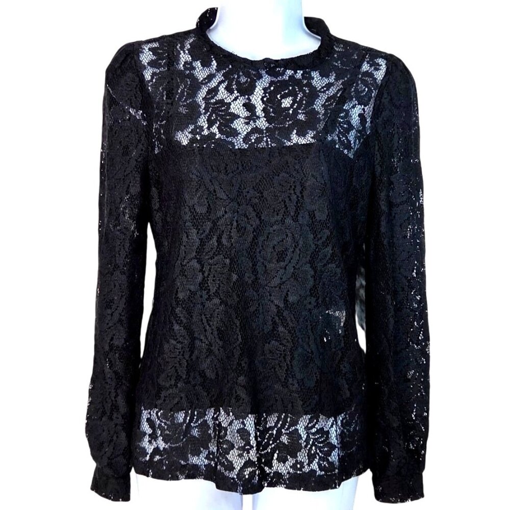 Black Lace Long Sleeve Top By INC Elegant Floral Pattern Keyhole Back Petite Med